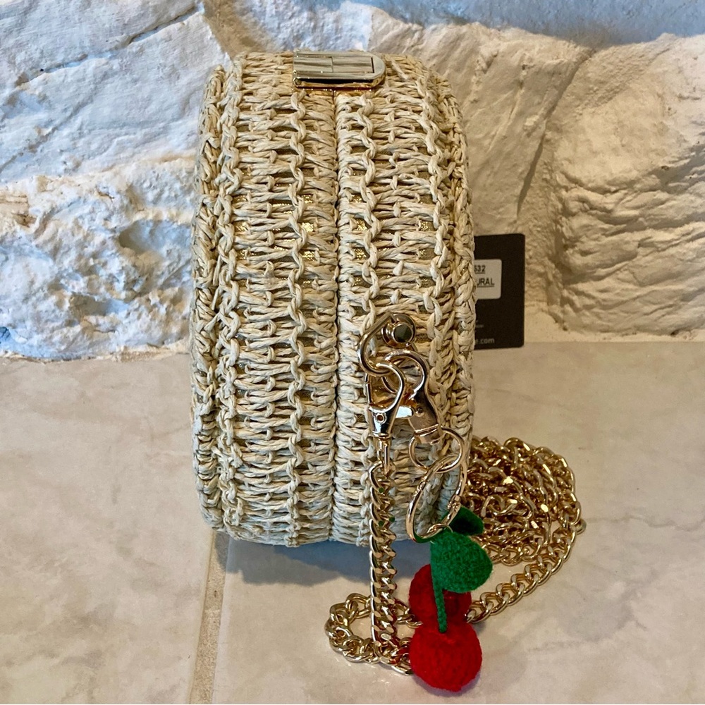 NWT Haute Hippie Cream Straw Round Crossbody with Red Cherry Charm - Picture 6 of 9